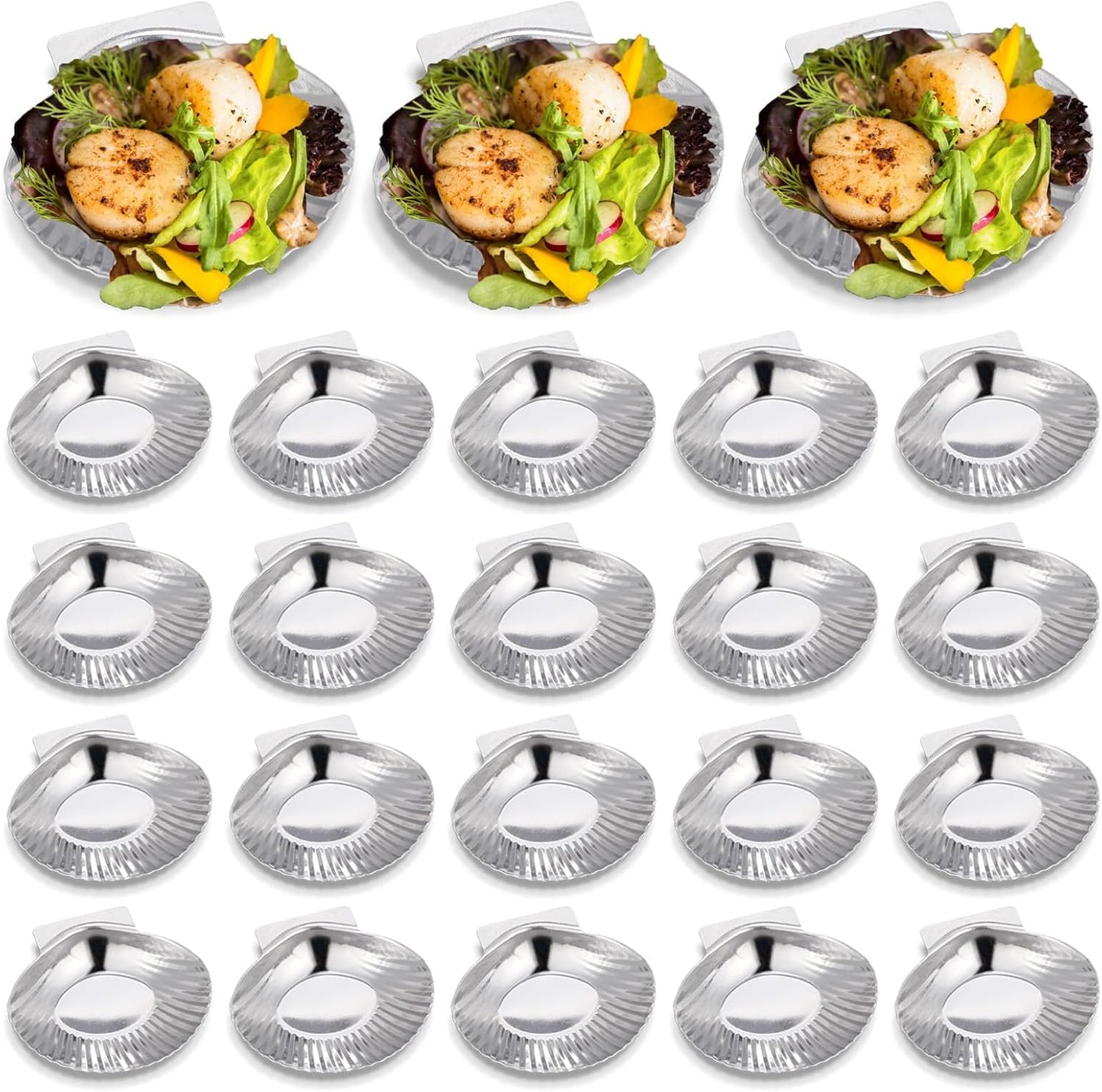 50 Pcs Grillable Shells Stainless Steel Reusable All Purpose | Grillable Large Scallop Shells Grilling Pan Baking Dish for Make Oysters Baked Clams Clam Scallop Seafood, 3.2 Inch