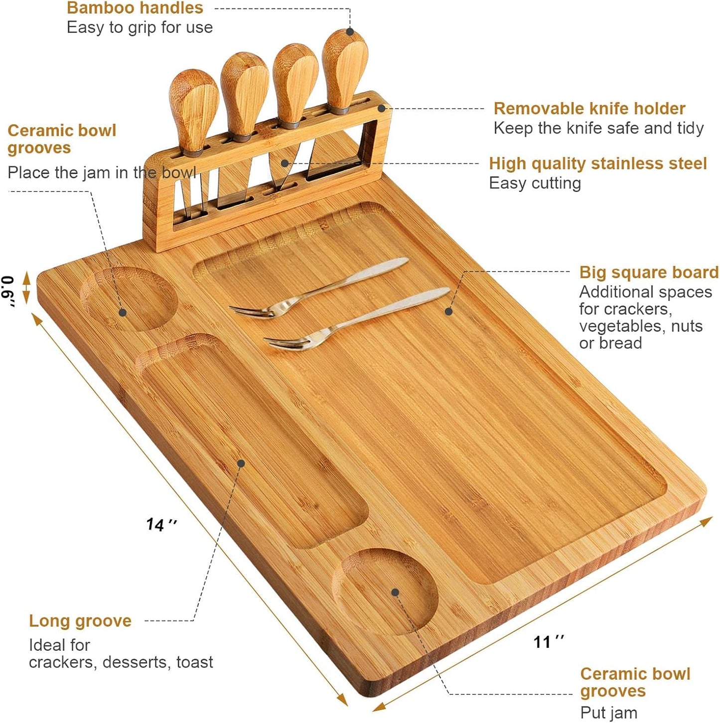 Bamboo Cheese Board Set - Charcuterie Boards and Serving Meat Platter, Cheese Tray with 4 Stainless Steel Cheese Knives Cutting Board Platter, Ideal for Halloween, Wedding, Christmas Gifts