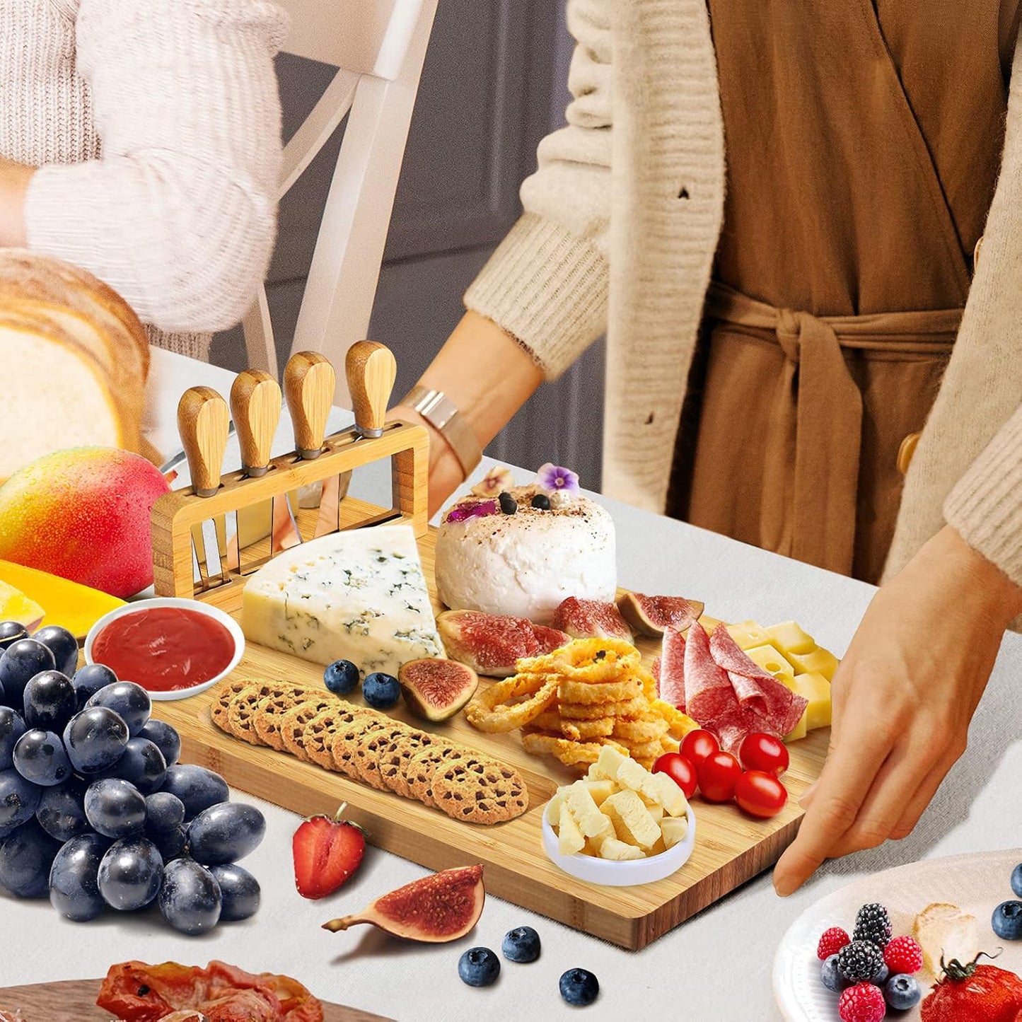 Bamboo Cheese Board Set - Charcuterie Boards and Serving Meat Platter, Cheese Tray with 4 Stainless Steel Cheese Knives Cutting Board Platter, Ideal for Halloween, Wedding, Christmas Gifts