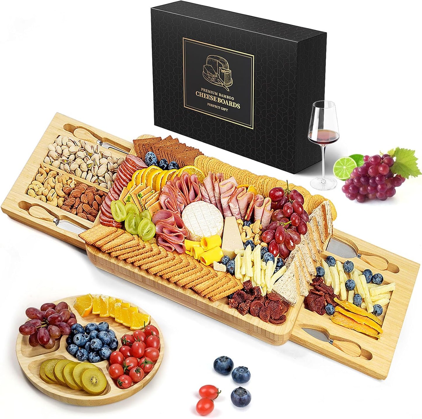 Bamboo Cheese Board Set - Charcuterie Boards and Serving Meat Platter, Cheese Tray with 4 Stainless Steel Cheese Knives Cutting Board Platter, Ideal for Halloween, Wedding, Christmas Gifts