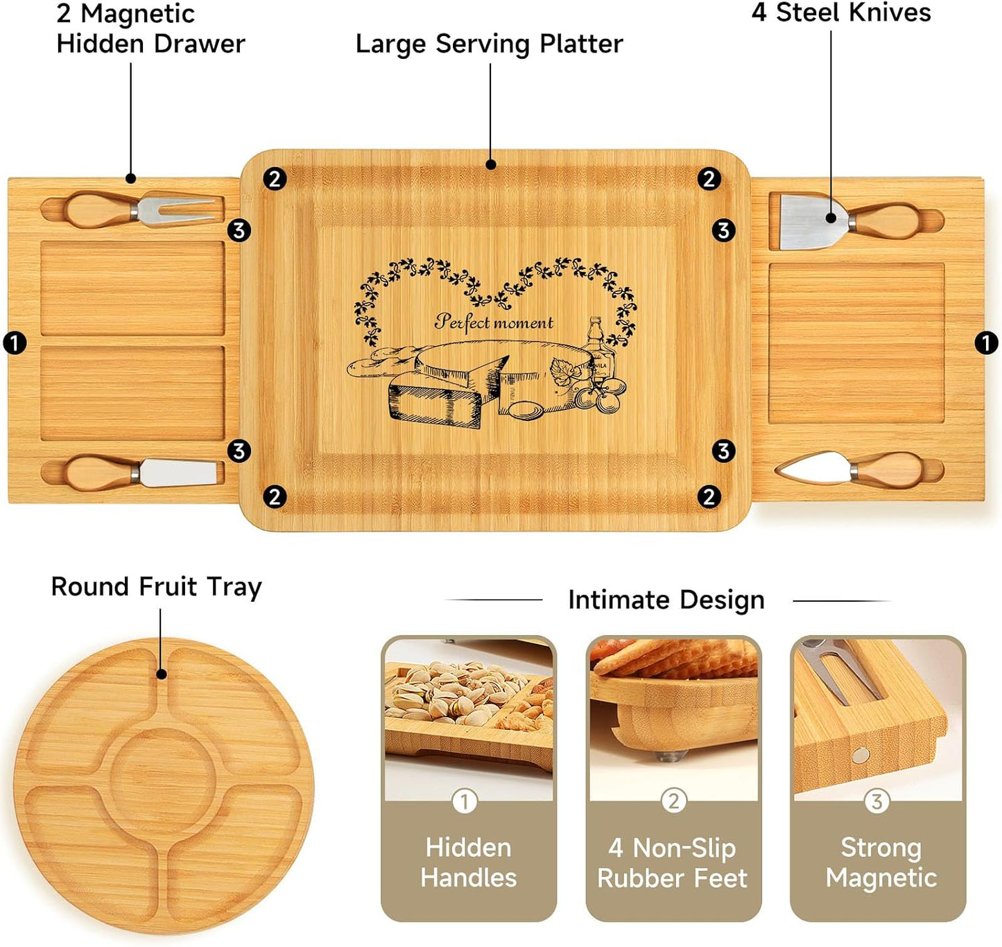 Bamboo Cheese Board Set - Charcuterie Boards and Serving Meat Platter, Cheese Tray with 4 Stainless Steel Cheese Knives Cutting Board Platter, Ideal for Halloween, Wedding, Christmas Gifts