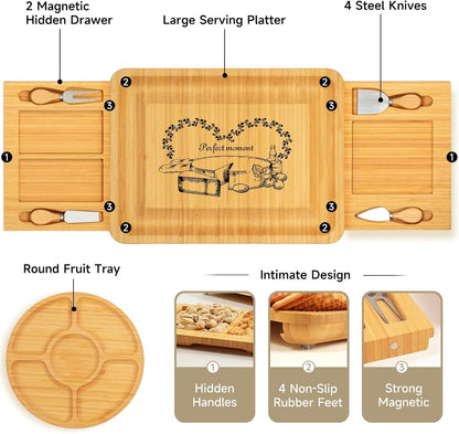 Bamboo Cheese Board Set - Charcuterie Boards and Serving Meat Platter, Cheese Tray with 4 Stainless Steel Cheese Knives Cutting Board Platter, Ideal for Halloween, Wedding, Christmas Gifts