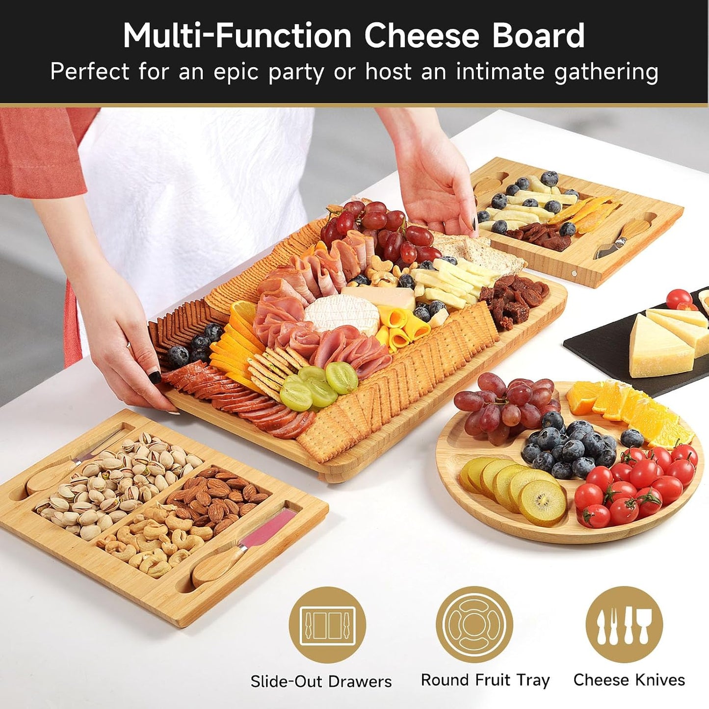 Bamboo Cheese Board Set - Charcuterie Boards and Serving Meat Platter, Cheese Tray with 4 Stainless Steel Cheese Knives Cutting Board Platter, Ideal for Halloween, Wedding, Christmas Gifts