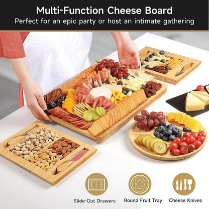 Bamboo Cheese Board Set - Charcuterie Boards and Serving Meat Platter, Cheese Tray with 4 Stainless Steel Cheese Knives Cutting Board Platter, Ideal for Halloween, Wedding, Christmas Gifts