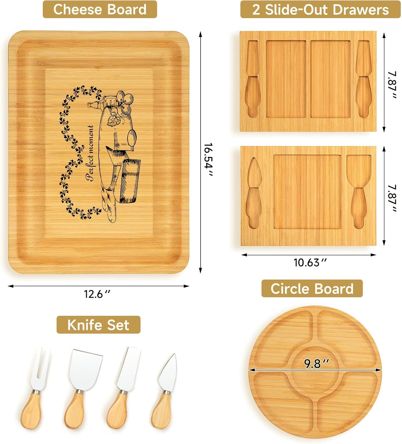Bamboo Cheese Board Set - Charcuterie Boards and Serving Meat Platter, Cheese Tray with 4 Stainless Steel Cheese Knives Cutting Board Platter, Ideal for Halloween, Wedding, Christmas Gifts