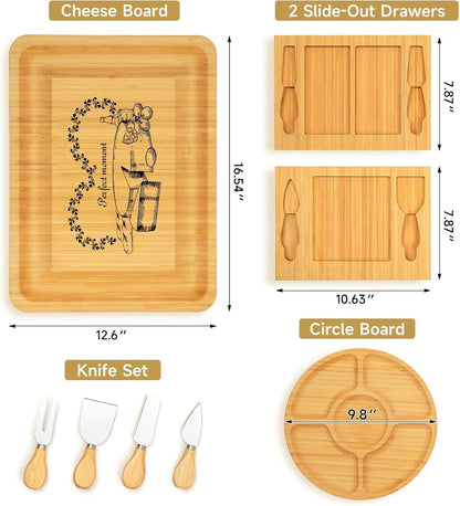 Bamboo Cheese Board Set - Charcuterie Boards and Serving Meat Platter, Cheese Tray with 4 Stainless Steel Cheese Knives Cutting Board Platter, Ideal for Halloween, Wedding, Christmas Gifts