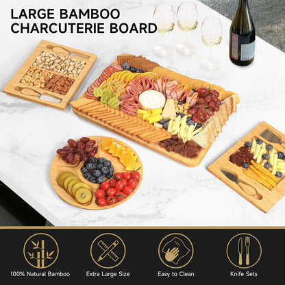 Bamboo Cheese Board Set - Charcuterie Boards and Serving Meat Platter, Cheese Tray with 4 Stainless Steel Cheese Knives Cutting Board Platter, Ideal for Halloween, Wedding, Christmas Gifts