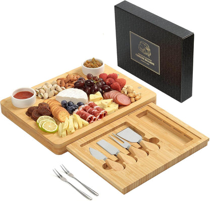 Bamboo Cheese Board Set - Charcuterie Boards and Serving Meat Platter, Cheese Tray with 4 Stainless Steel Cheese Knives Cutting Board Platter, Ideal for Halloween, Wedding, Christmas Gifts