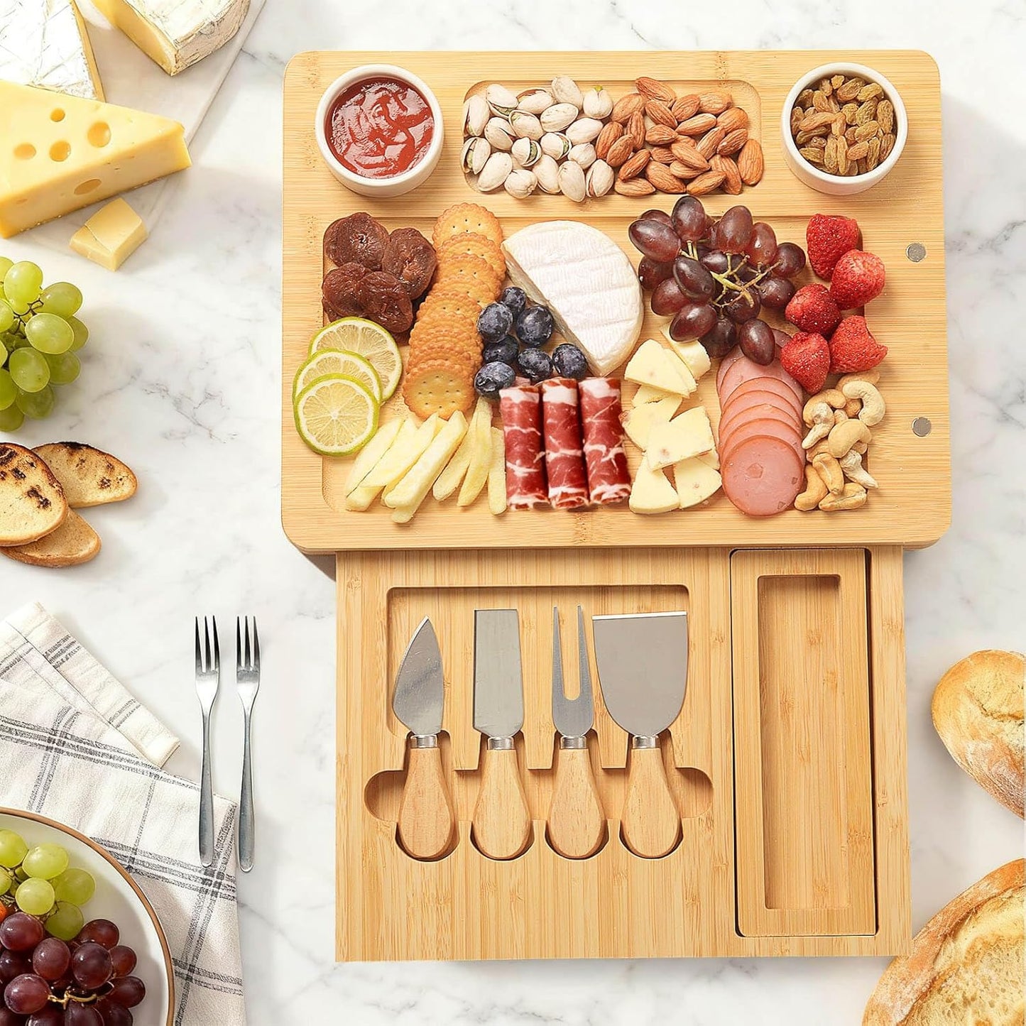 Bamboo Cheese Board Set - Charcuterie Boards and Serving Meat Platter, Cheese Tray with 4 Stainless Steel Cheese Knives Cutting Board Platter, Ideal for Halloween, Wedding, Christmas Gifts