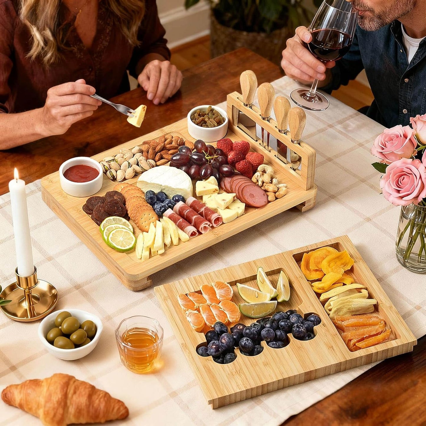 Bamboo Cheese Board Set - Charcuterie Boards and Serving Meat Platter, Cheese Tray with 4 Stainless Steel Cheese Knives Cutting Board Platter, Ideal for Halloween, Wedding, Christmas Gifts