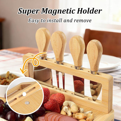 Bamboo Cheese Board Set - Charcuterie Boards and Serving Meat Platter, Cheese Tray with 4 Stainless Steel Cheese Knives Cutting Board Platter, Ideal for Halloween, Wedding, Christmas Gifts