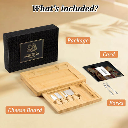 Bamboo Cheese Board Set - Charcuterie Boards and Serving Meat Platter, Cheese Tray with 4 Stainless Steel Cheese Knives Cutting Board Platter, Ideal for Halloween, Wedding, Christmas Gifts