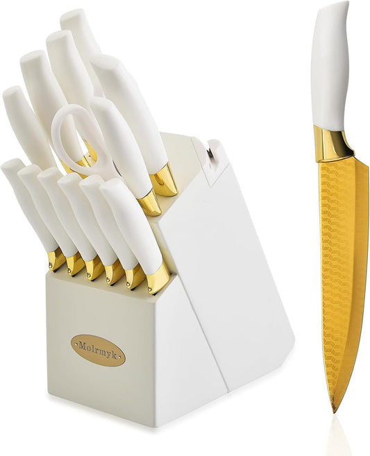 Knife Set, Non Stick Thick and Sharp Stainless Steel Kitchen Knives Set with Wood Block, 14 Pcs Cutlery Knives Block Set with Steak Knife, Bread Knife, Scissors, Chef Quality, White Handle Gold Blade