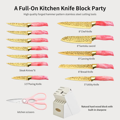Knife Set, Non Stick Thick and Sharp Stainless Steel Kitchen Knives Set with Wood Block, 14 Pcs Cutlery Knives Block Set with Steak Knife, Bread Knife, Scissors, Chef Quality, White Handle Gold Blade