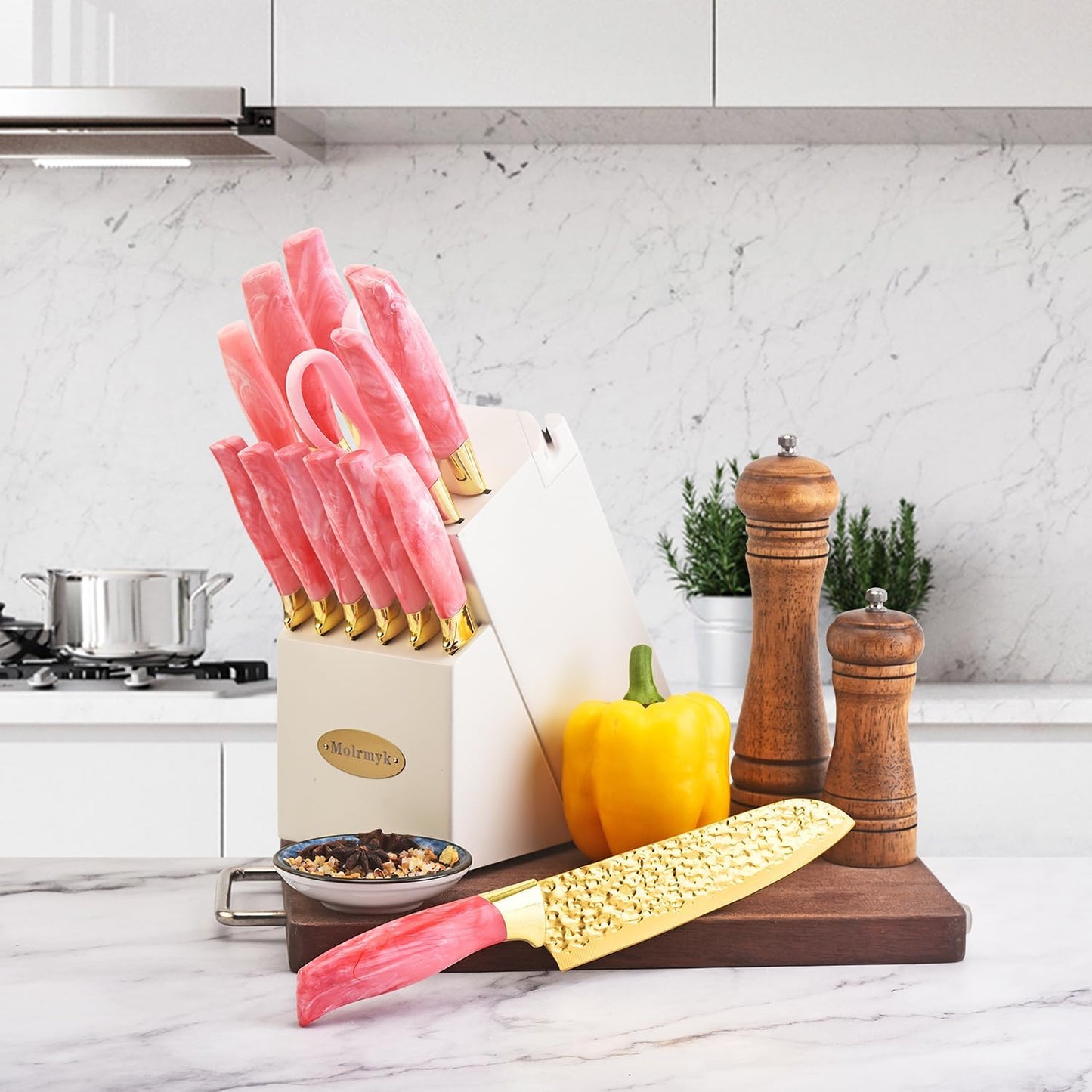 Knife Set, Non Stick Thick and Sharp Stainless Steel Kitchen Knives Set with Wood Block, 14 Pcs Cutlery Knives Block Set with Steak Knife, Bread Knife, Scissors, Chef Quality, White Handle Gold Blade