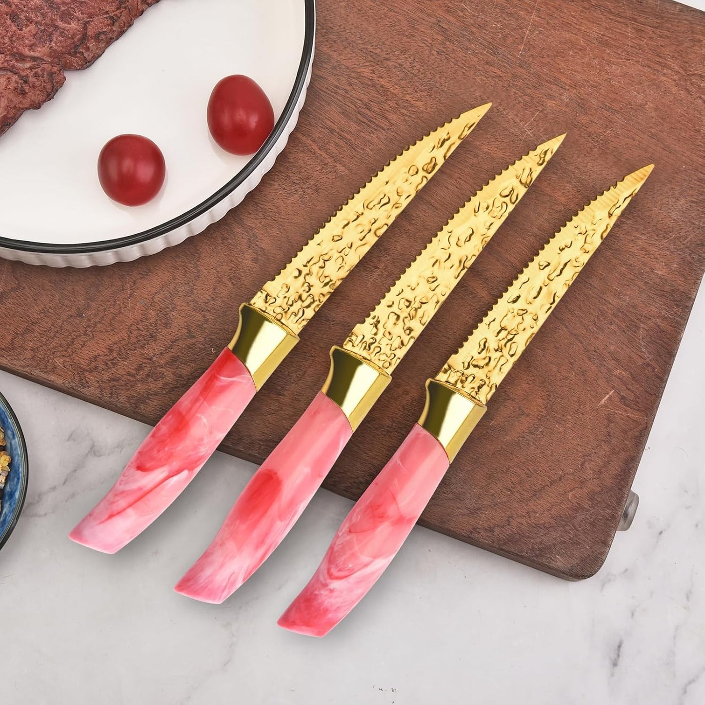 Knife Set, Non Stick Thick and Sharp Stainless Steel Kitchen Knives Set with Wood Block, 14 Pcs Cutlery Knives Block Set with Steak Knife, Bread Knife, Scissors, Chef Quality, White Handle Gold Blade