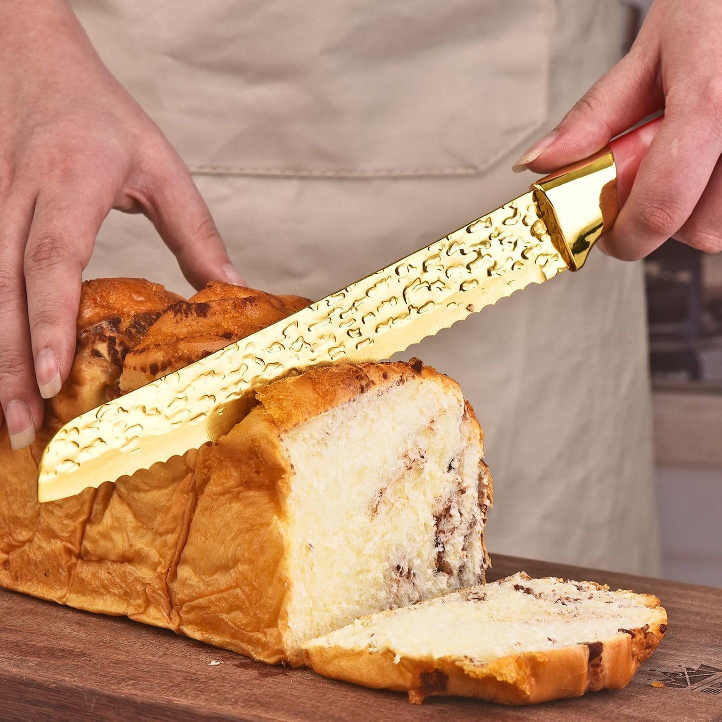 Knife Set, Non Stick Thick and Sharp Stainless Steel Kitchen Knives Set with Wood Block, 14 Pcs Cutlery Knives Block Set with Steak Knife, Bread Knife, Scissors, Chef Quality, White Handle Gold Blade