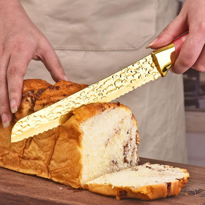 Knife Set, Non Stick Thick and Sharp Stainless Steel Kitchen Knives Set with Wood Block, 14 Pcs Cutlery Knives Block Set with Steak Knife, Bread Knife, Scissors, Chef Quality, White Handle Gold Blade