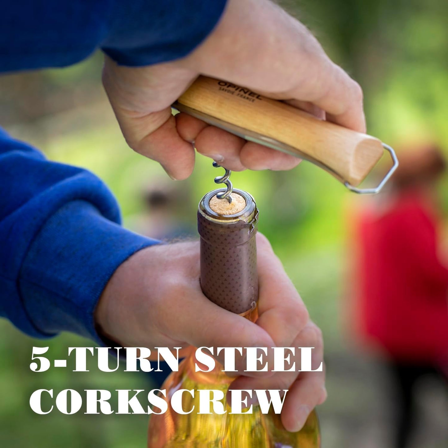 No. 10 Stainless Steel Corkscrew Wine and Cheese Folding Knife, Integrated Corkscrew + Bottle Opener, Beechwood Handle - Picnic Pocket Knife Made in France (Updated Version)