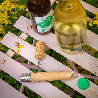 No. 10 Stainless Steel Corkscrew Wine and Cheese Folding Knife, Integrated Corkscrew + Bottle Opener, Beechwood Handle - Picnic Pocket Knife Made in France (Updated Version)