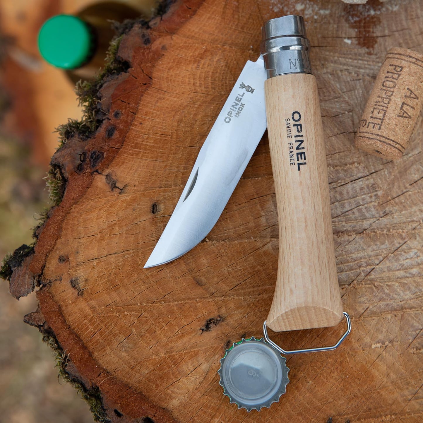 No. 10 Stainless Steel Corkscrew Wine and Cheese Folding Knife, Integrated Corkscrew + Bottle Opener, Beechwood Handle - Picnic Pocket Knife Made in France (Updated Version)