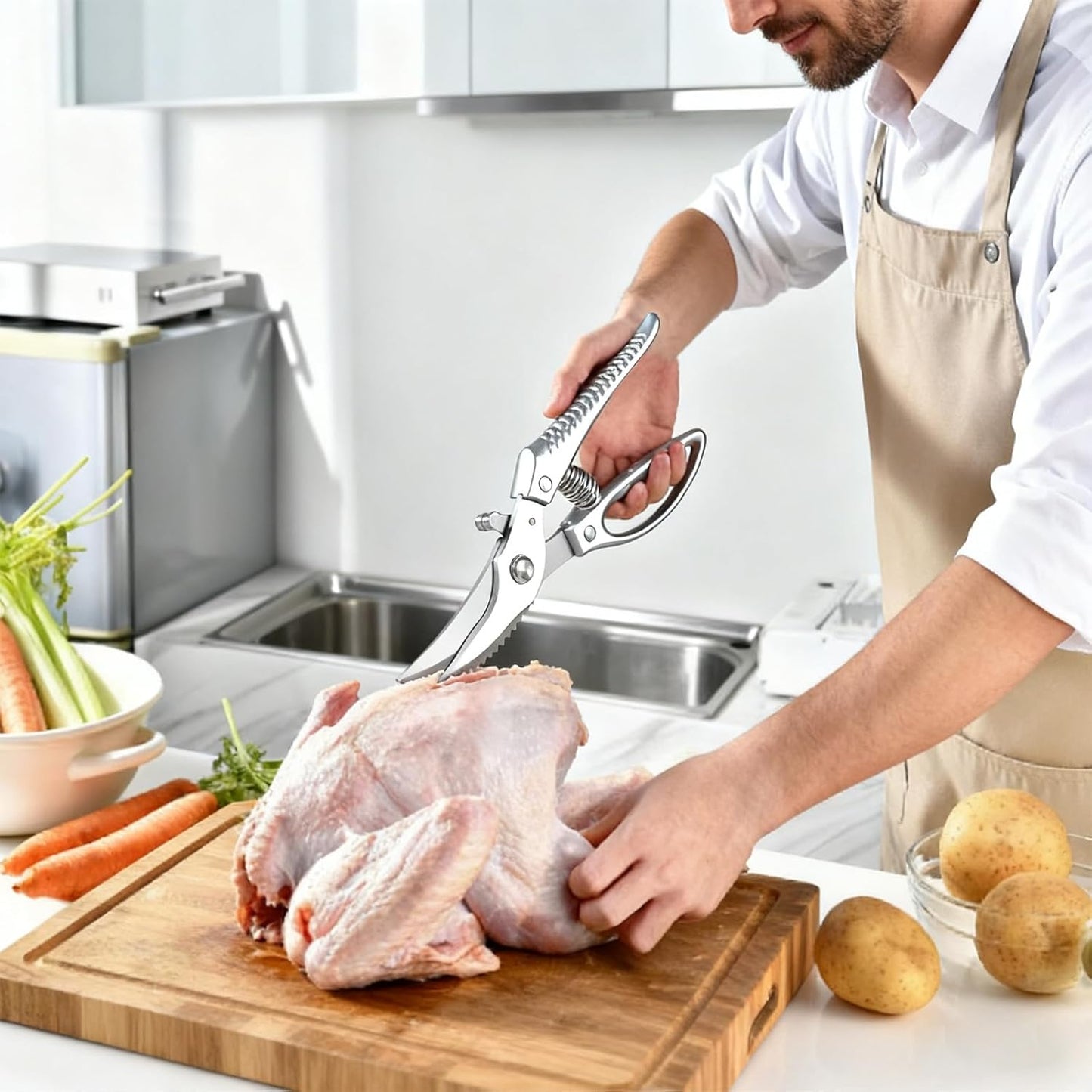 Heavy Duty Kitchen Shears - Professional Poultry Scissors with Anti-Slip Handle & Safety Lock, Spring-Loaded Dishwasher Safe for Chicken, Meat, Fish, Bones, Vegetables