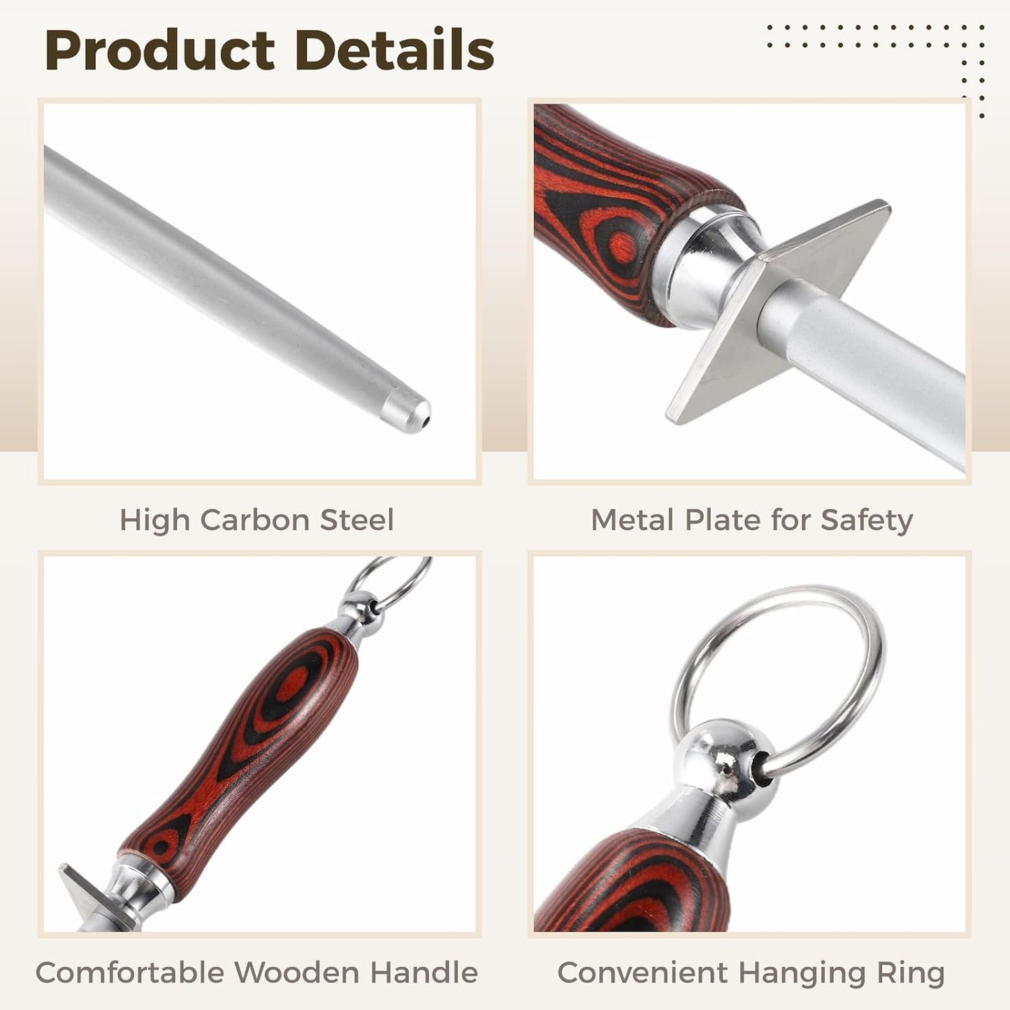 12 in Honing Steel Sharpener Rod, High Carbon Steel Honing Tool with Comfortable Wooden Handle and Hanging Ring, Manual Kitchen Sharpener for Kitchen Cutters Sharpening Maintenance