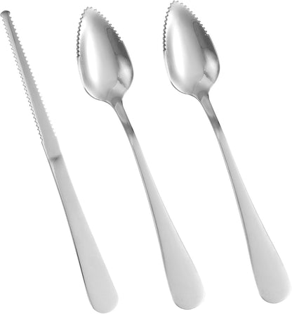 3pcs Grapefruit Spoons and Knife Set with Serrated Edge, Stainless Steel Grapefruit Curved Serving Utensils for Citrus Lemon Kiwi Melon Lime Pitaya Fruit