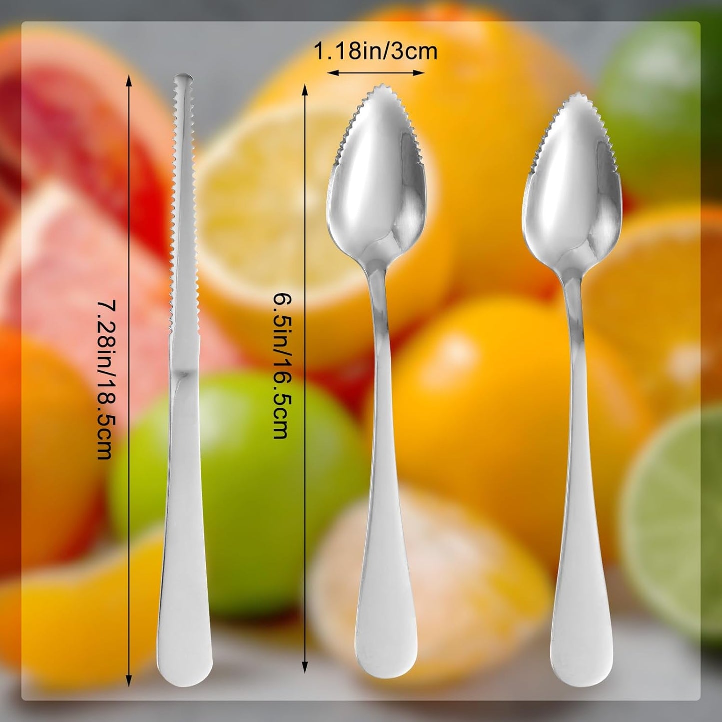 3pcs Grapefruit Spoons and Knife Set with Serrated Edge, Stainless Steel Grapefruit Curved Serving Utensils for Citrus Lemon Kiwi Melon Lime Pitaya Fruit