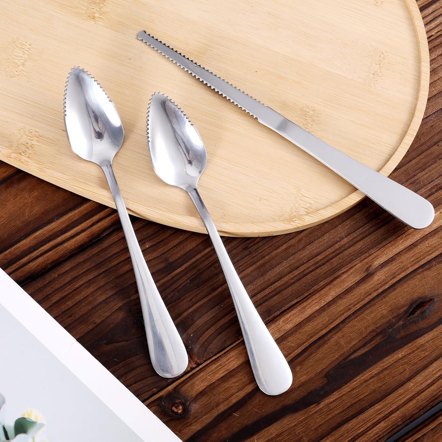 3pcs Grapefruit Spoons and Knife Set with Serrated Edge, Stainless Steel Grapefruit Curved Serving Utensils for Citrus Lemon Kiwi Melon Lime Pitaya Fruit
