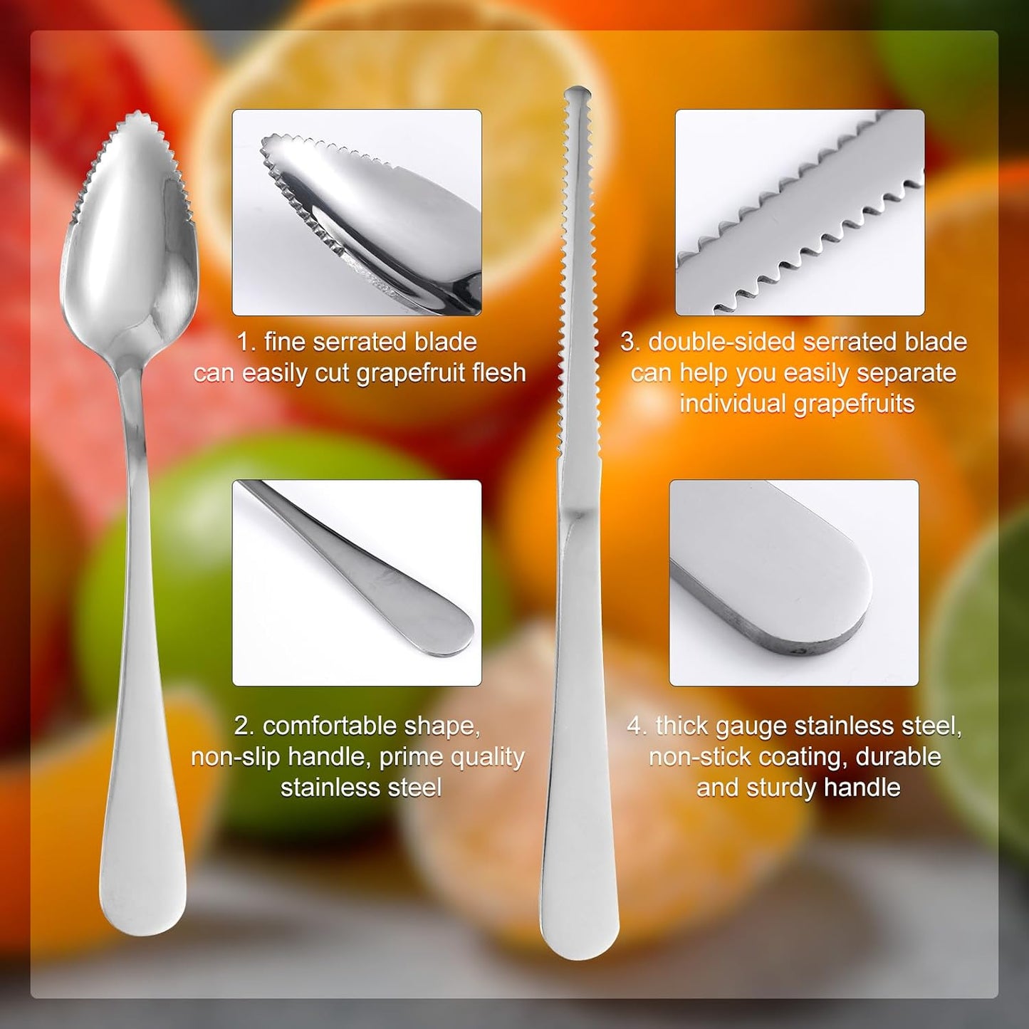 3pcs Grapefruit Spoons and Knife Set with Serrated Edge, Stainless Steel Grapefruit Curved Serving Utensils for Citrus Lemon Kiwi Melon Lime Pitaya Fruit