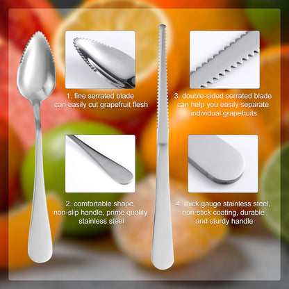 3pcs Grapefruit Spoons and Knife Set with Serrated Edge, Stainless Steel Grapefruit Curved Serving Utensils for Citrus Lemon Kiwi Melon Lime Pitaya Fruit
