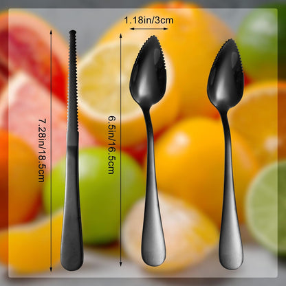 3pcs Grapefruit Spoons and Knife Set with Serrated Edge, Stainless Steel Grapefruit Curved Serving Utensils for Citrus Lemon Kiwi Melon Lime Pitaya Fruit