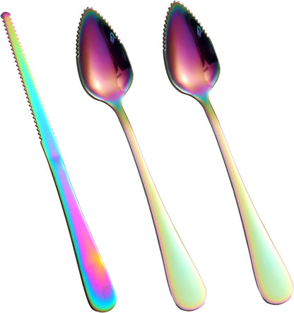 3pcs Grapefruit Spoons and Knife Set with Serrated Edge, Stainless Steel Grapefruit Curved Serving Utensils for Citrus Lemon Kiwi Melon Lime Pitaya Fruit