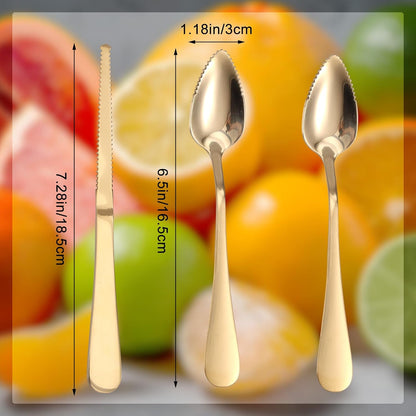 3pcs Grapefruit Spoons and Knife Set with Serrated Edge, Stainless Steel Grapefruit Curved Serving Utensils for Citrus Lemon Kiwi Melon Lime Pitaya Fruit