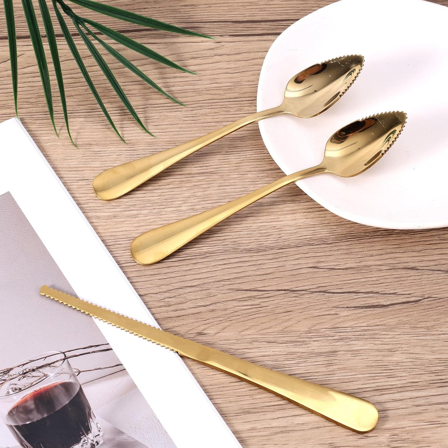 3pcs Grapefruit Spoons and Knife Set with Serrated Edge, Stainless Steel Grapefruit Curved Serving Utensils for Citrus Lemon Kiwi Melon Lime Pitaya Fruit