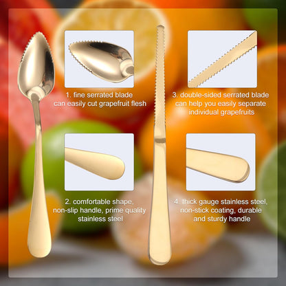 3pcs Grapefruit Spoons and Knife Set with Serrated Edge, Stainless Steel Grapefruit Curved Serving Utensils for Citrus Lemon Kiwi Melon Lime Pitaya Fruit
