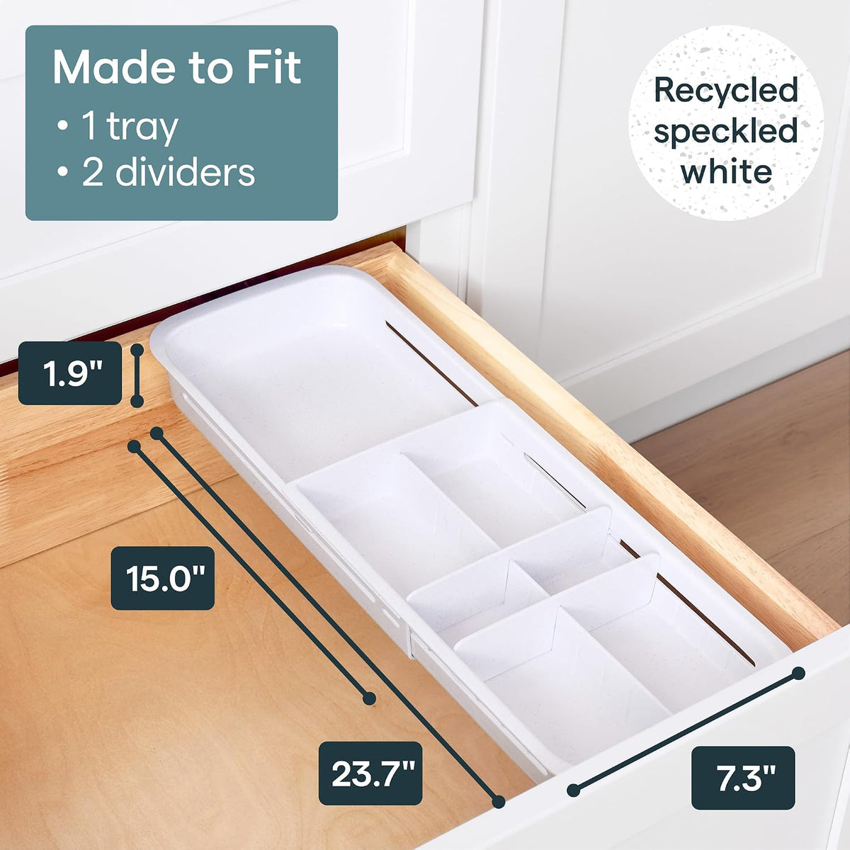 DrawerFit® Sliding Drawer Bin, Expandable and Adjustable Kitchen Storage Organizer, Speckled White