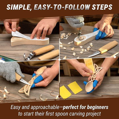 Wood Spoon Carving Kit for Beginners DIY04 - Whittling Set Includes Spoon Carving Tools, Sloyd Whittling Knife Hook Knife, Basswood Blank - Woodworking Hobby Kit for Adults & Kids