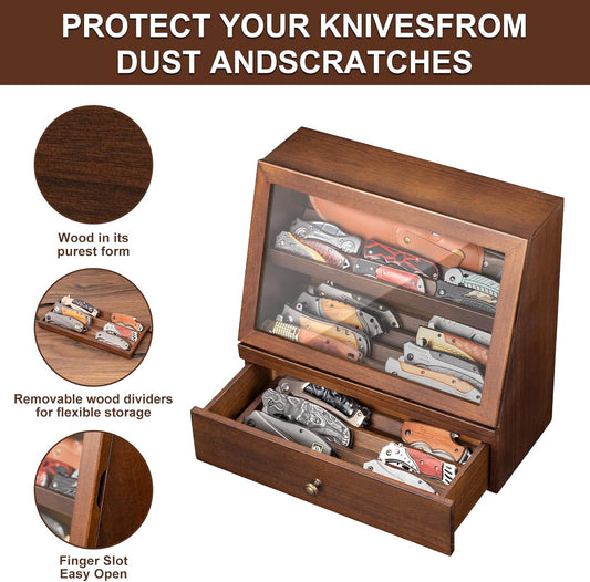 Pocket Knife Display Case for 22–30 Folding Knives, Drawer with Removable Display Shelf, Knife Organizer Storage Box, Gift for Men