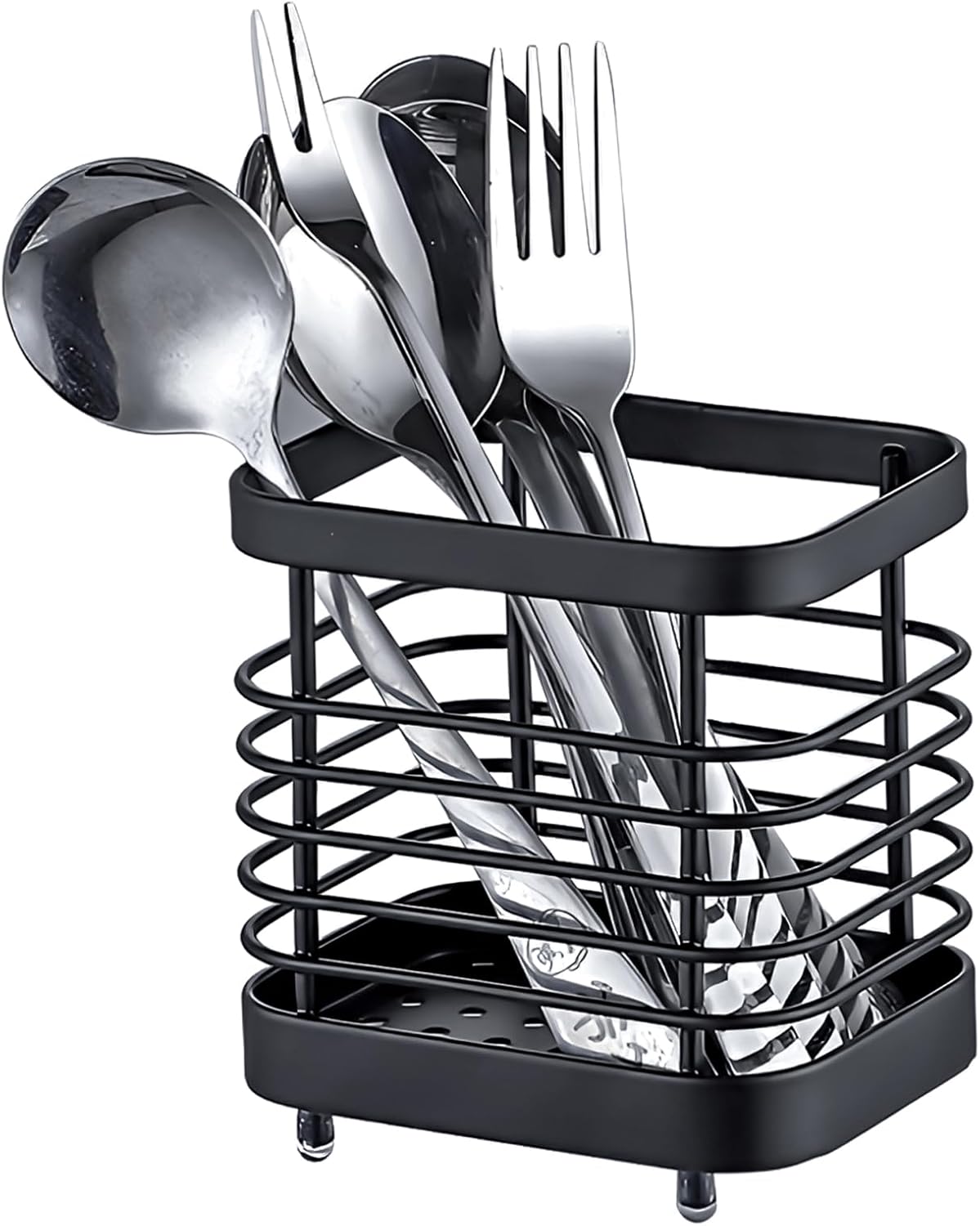Small Stainless Steel Utensil Drying Holder for Kitchen Sink, Black | Drainage holes keep silverware dry. Rust-proof stainless steel. Spoon, fork & chopsticks. Kitchen sink, counter & bathroom.