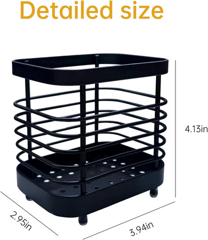 Small Stainless Steel Utensil Drying Holder for Kitchen Sink, Black | Drainage holes keep silverware dry. Rust-proof stainless steel. Spoon, fork & chopsticks. Kitchen sink, counter & bathroom.