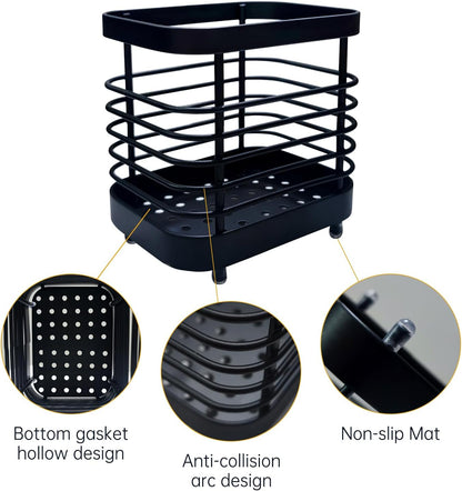 Small Stainless Steel Utensil Drying Holder for Kitchen Sink, Black | Drainage holes keep silverware dry. Rust-proof stainless steel. Spoon, fork & chopsticks. Kitchen sink, counter & bathroom.