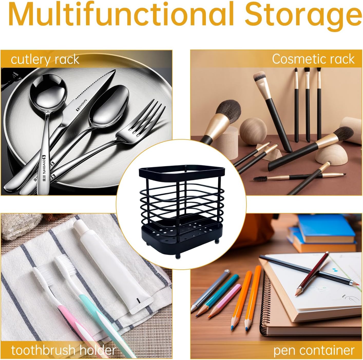 Small Stainless Steel Utensil Drying Holder for Kitchen Sink, Black | Drainage holes keep silverware dry. Rust-proof stainless steel. Spoon, fork & chopsticks. Kitchen sink, counter & bathroom.