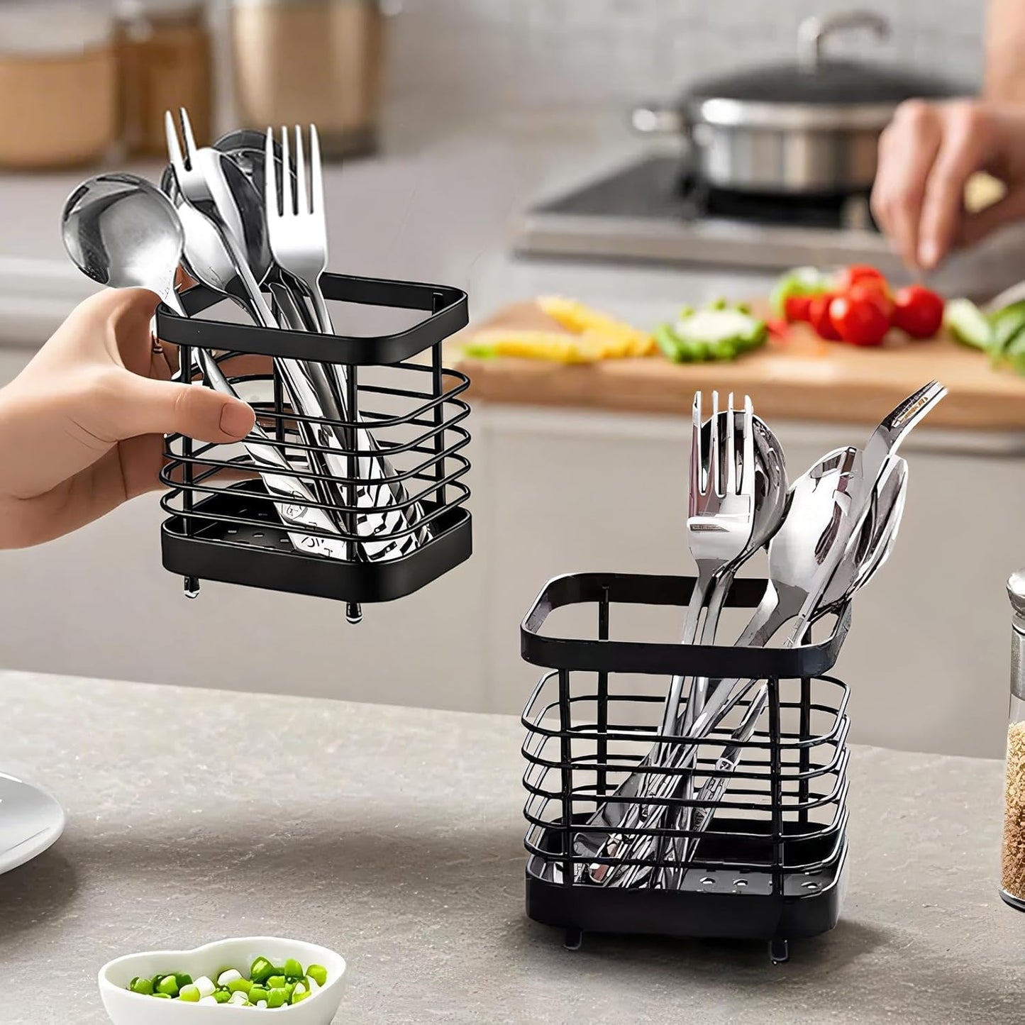 Small Stainless Steel Utensil Drying Holder for Kitchen Sink, Black | Drainage holes keep silverware dry. Rust-proof stainless steel. Spoon, fork & chopsticks. Kitchen sink, counter & bathroom.