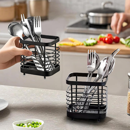 Small Stainless Steel Utensil Drying Holder for Kitchen Sink, Black | Drainage holes keep silverware dry. Rust-proof stainless steel. Spoon, fork & chopsticks. Kitchen sink, counter & bathroom.