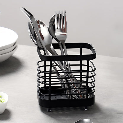 Small Stainless Steel Utensil Drying Holder for Kitchen Sink, Black | Drainage holes keep silverware dry. Rust-proof stainless steel. Spoon, fork & chopsticks. Kitchen sink, counter & bathroom.