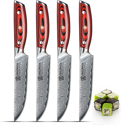 5 Inch Damascus Steak Knives Set, 4pcs Sharp Professional Steak Kitchen Knives, Japanese Super VG10 Steel Multifunction Kitchen Knife with Full Tang G10 Handle