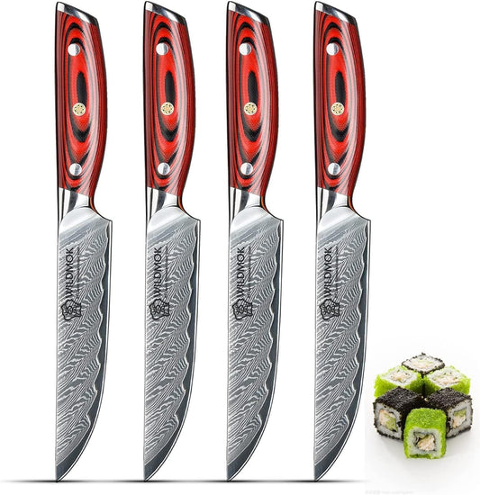 5 Inch Damascus Steak Knives Set, 4pcs Sharp Professional Steak Kitchen Knives, Japanese Super VG10 Steel Multifunction Kitchen Knife with Full Tang G10 Handle