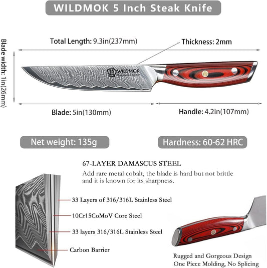 5 Inch Damascus Steak Knives Set, 4pcs Sharp Professional Steak Kitchen Knives, Japanese Super VG10 Steel Multifunction Kitchen Knife with Full Tang G10 Handle